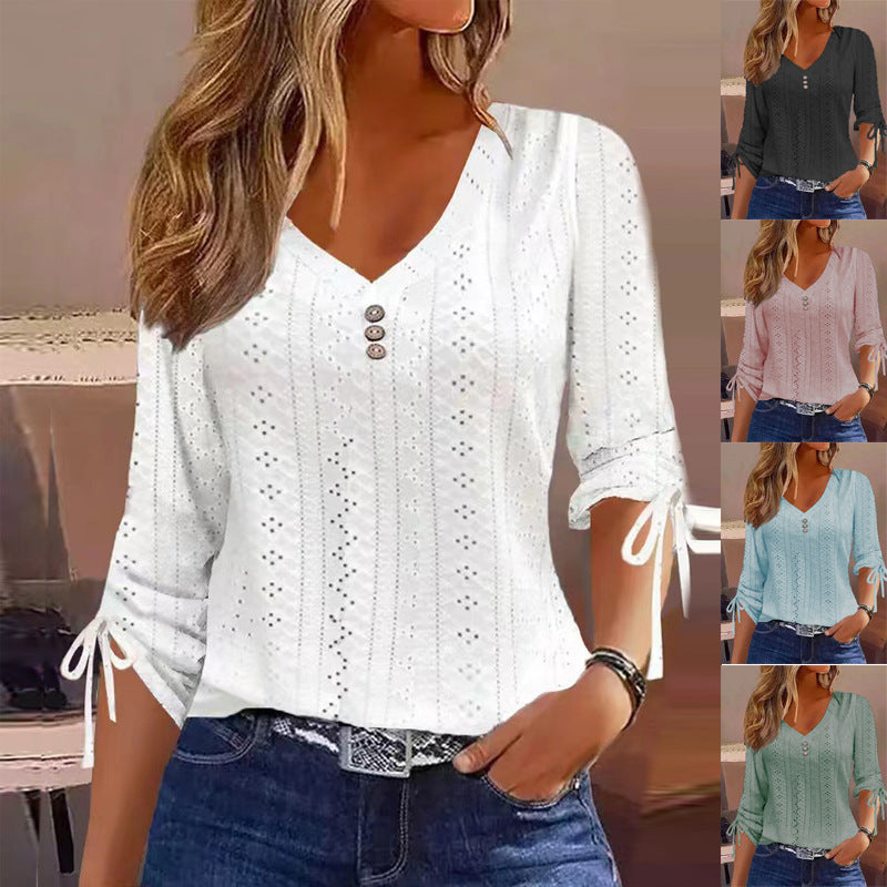 Jacquard Button-Up Blouse - Women's Long Sleeve V-Neck Top