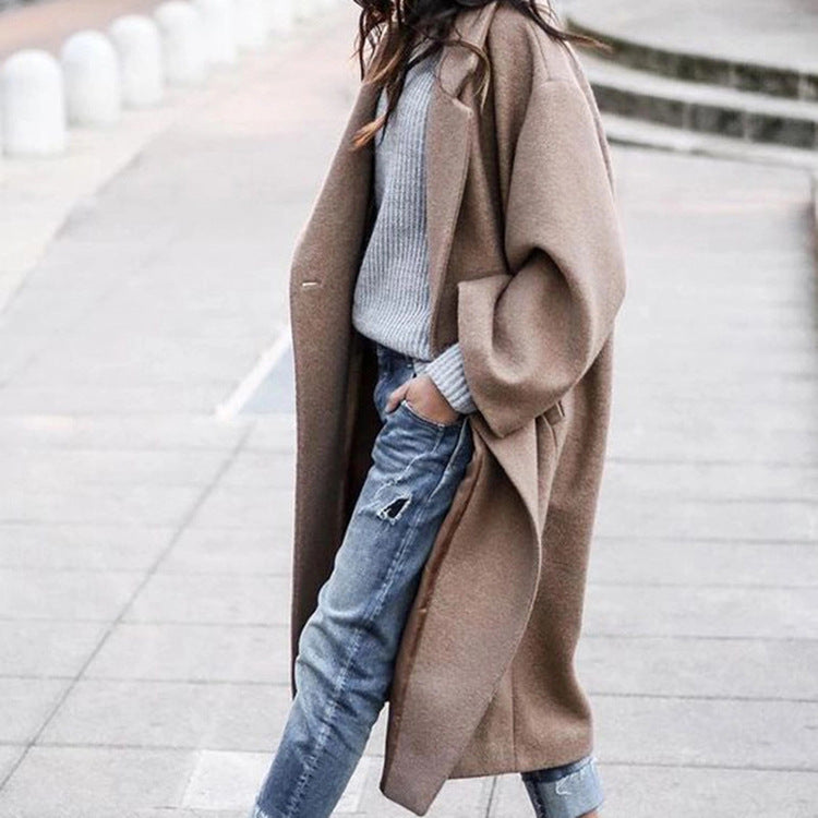 Women's Long Wool Coat - Single Breasted Lapel Winter Jacket