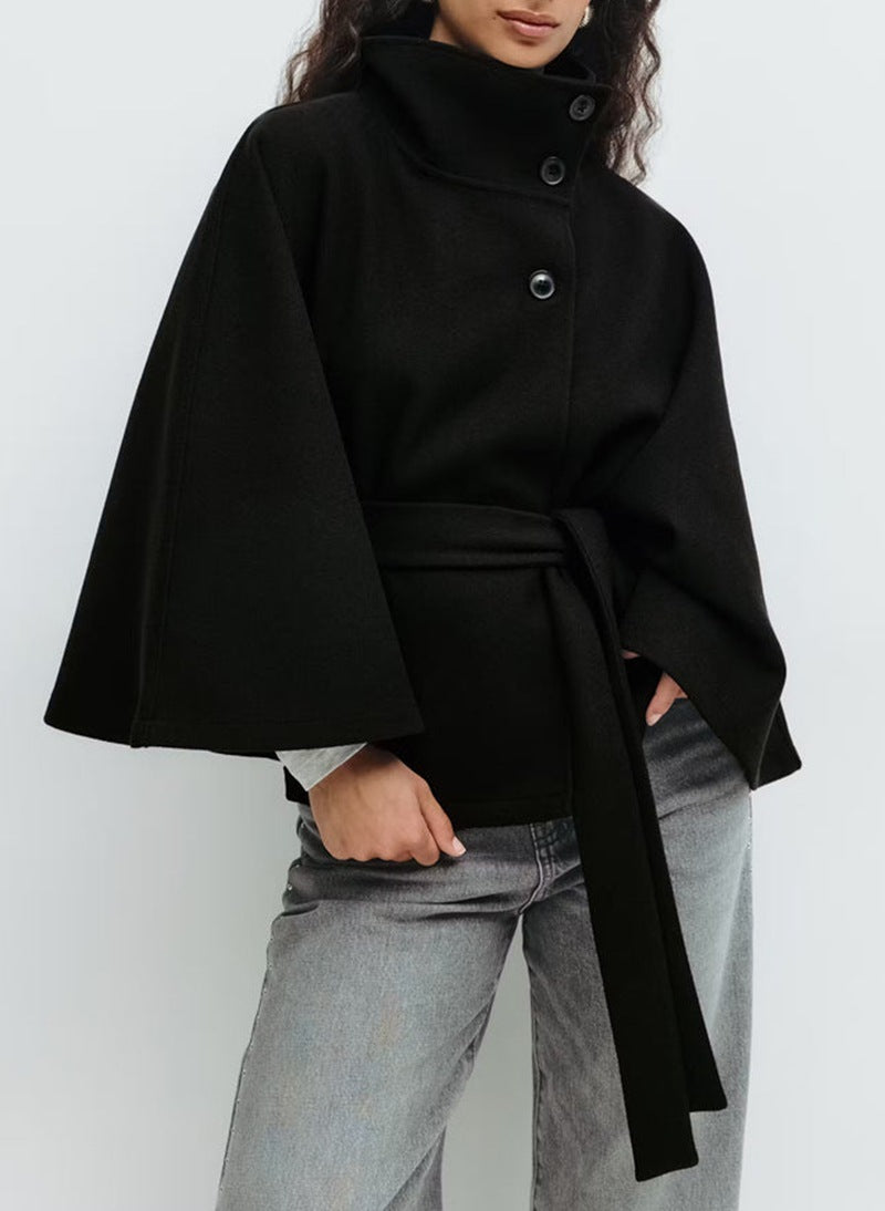 High Neck Batwing Sleeve Coat - Women's Belted Trench Coat