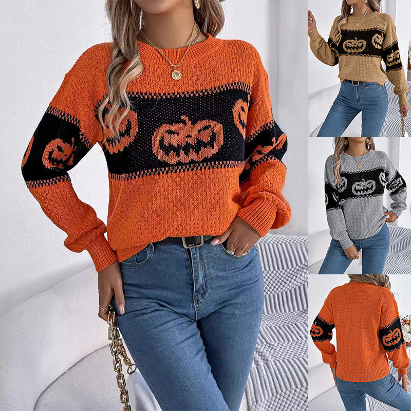 Halloween Pumpkin Pullover Sweater - Women's Long Sleeve Knit Top