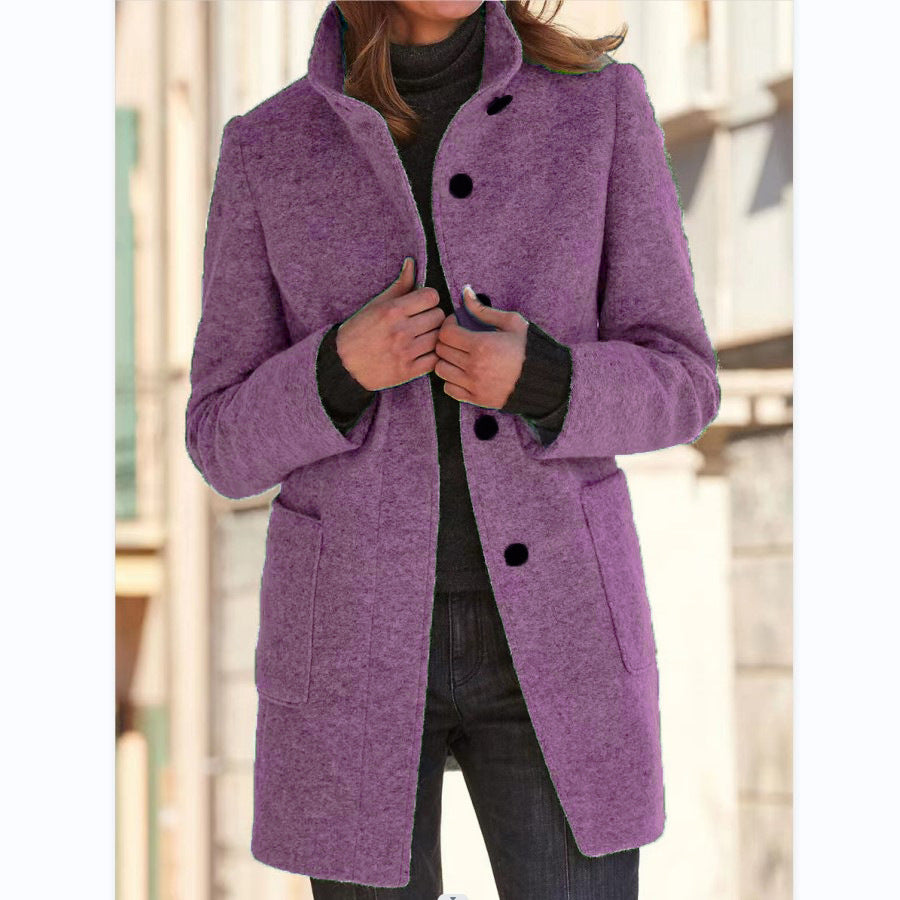 Classic Wool Blend Coat for Women - Stand Collar Fall Winter Jacket