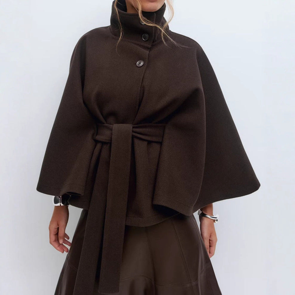 High Neck Batwing Sleeve Coat - Women's Belted Trench Coat