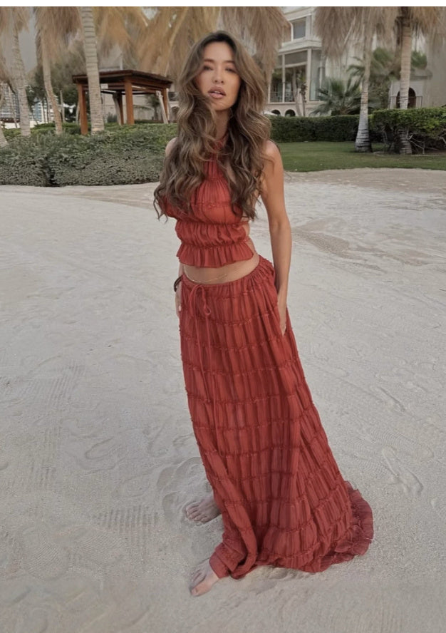 Women's 2 Piece Beach Set - Halter Crop Top & Pleated Maxi Skirt