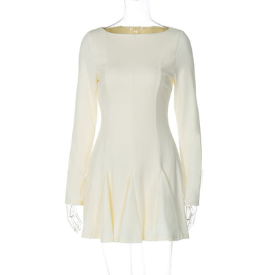 A-Line Pleated Mini Dress with Back Zipper - Women's Long Sleeve