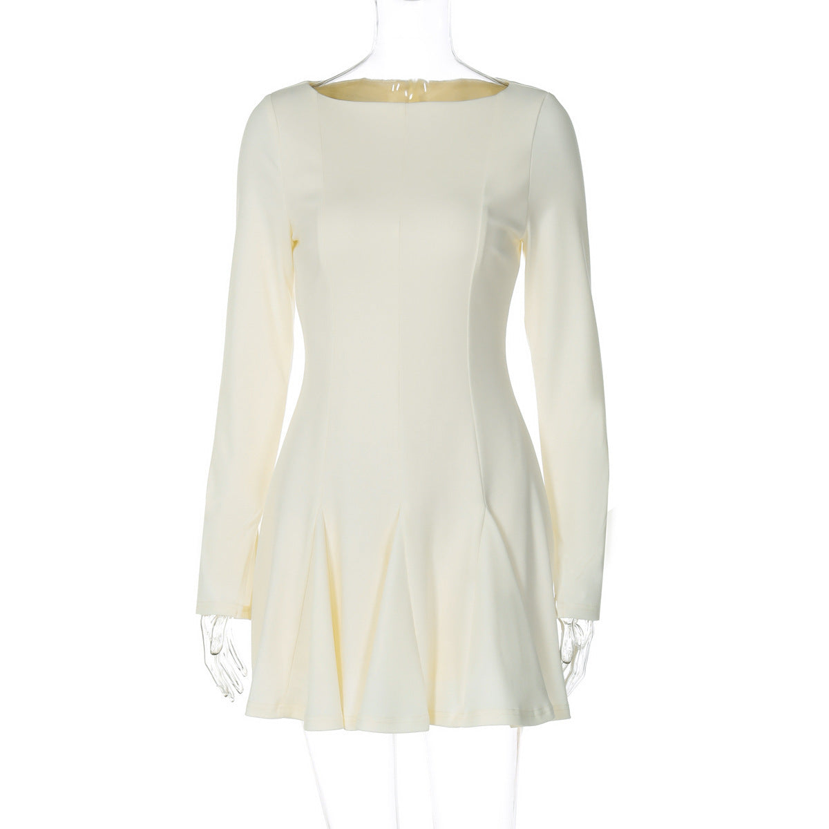 A-Line Pleated Mini Dress with Back Zipper - Women's Long Sleeve