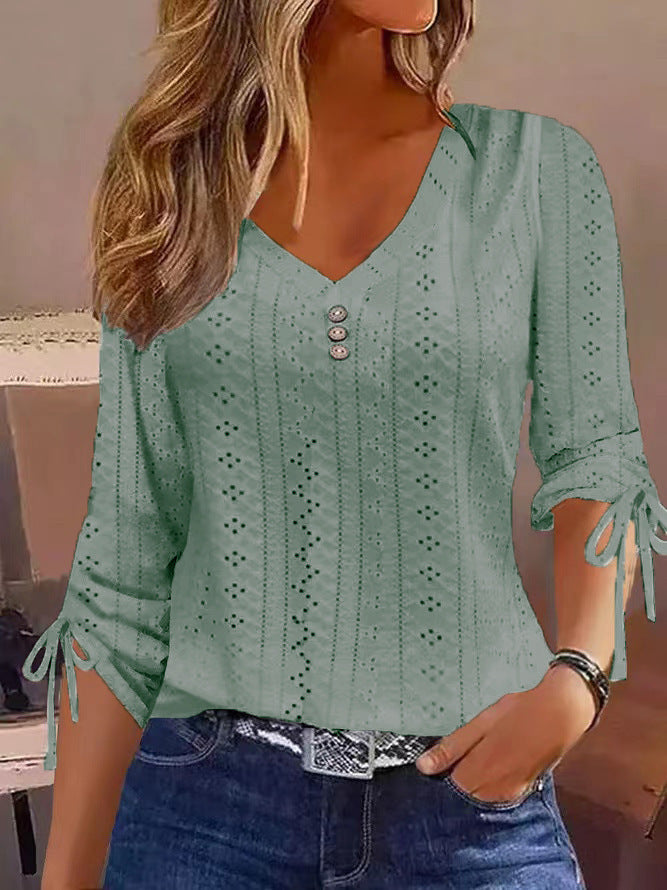 Jacquard Button-Up Blouse - Women's Long Sleeve V-Neck Top