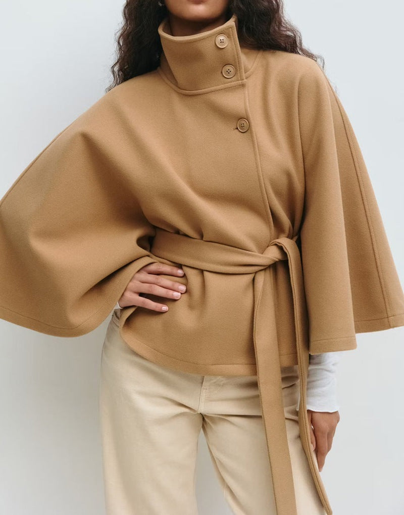 High Neck Batwing Sleeve Coat - Women's Belted Trench Coat