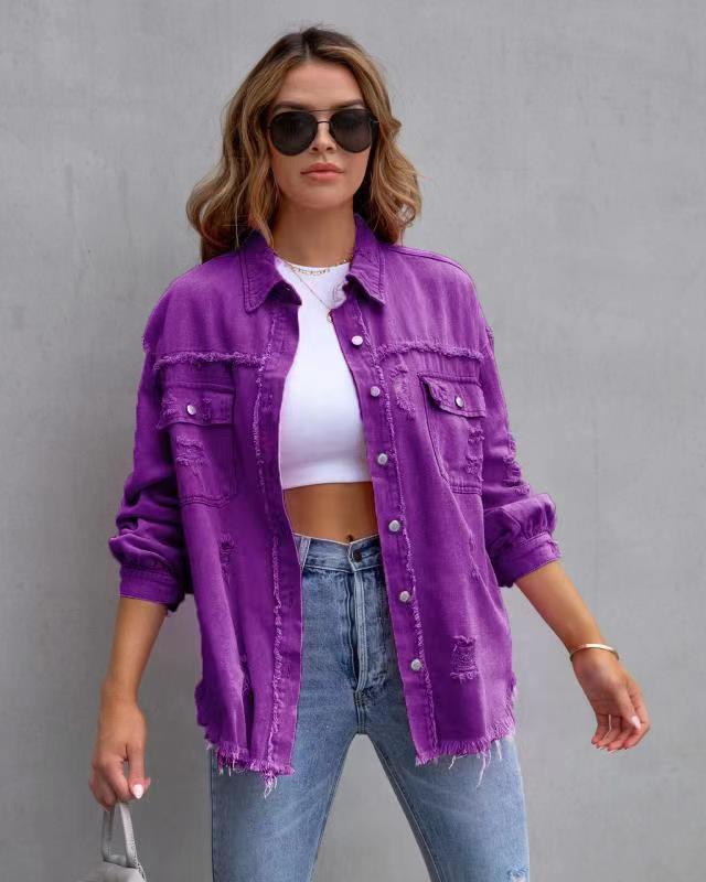 Vintage Ripped Denim Jacket for Women - Spring/Fall Casual Wear