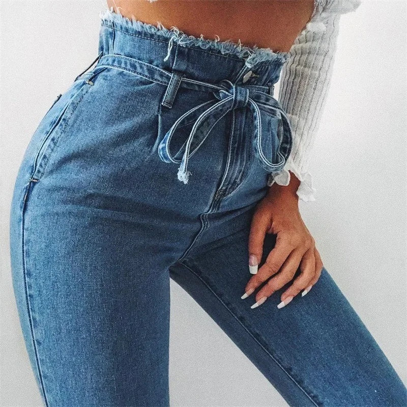 High Waisted Jeans Women - Washed Denim Pencil Pants