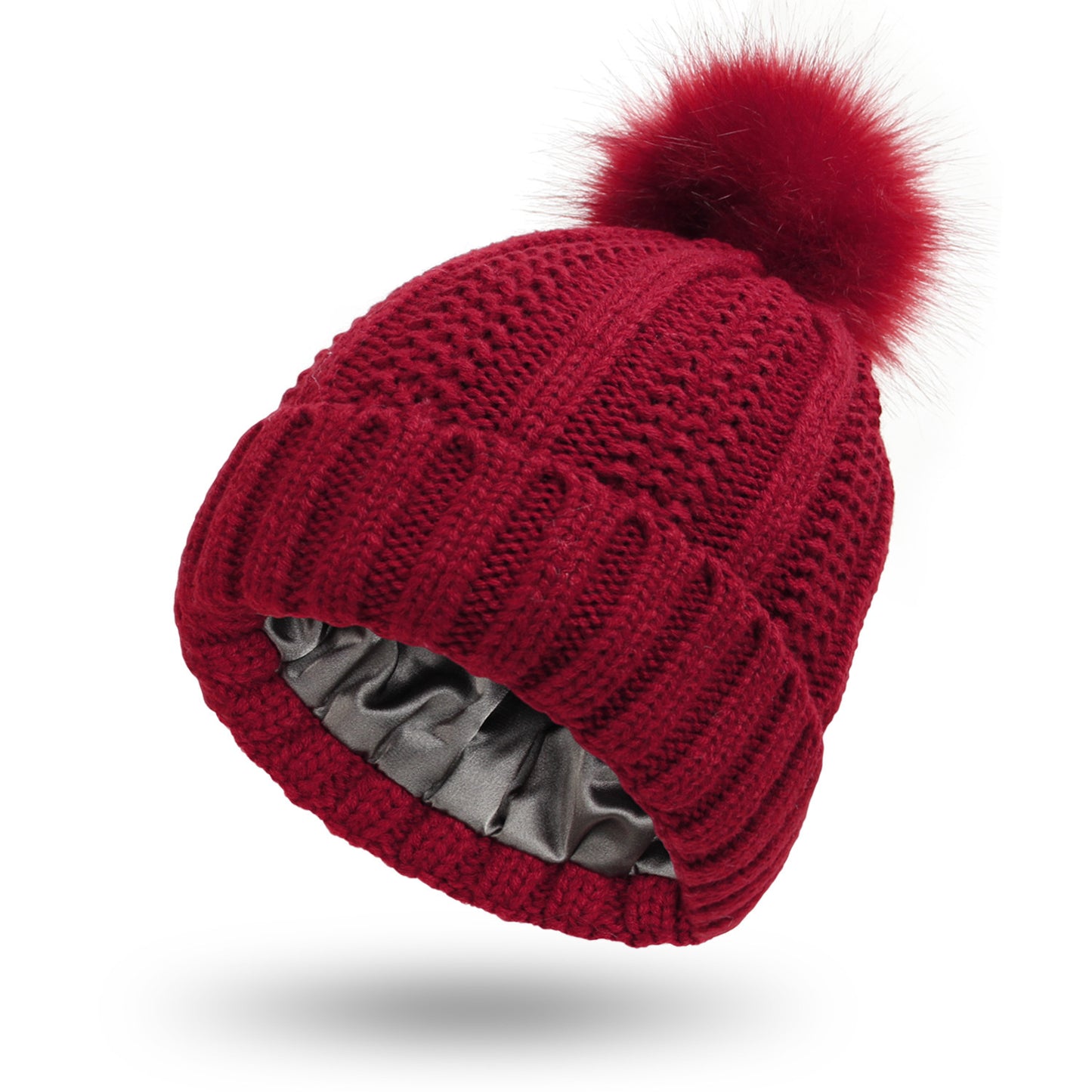 Women's Skull Knit Beanie - Satin Lined Pom Pom Winter Hat