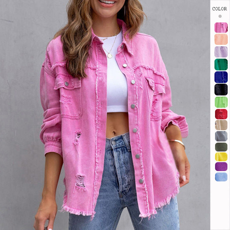 Vintage Ripped Denim Jacket for Women - Spring/Fall Casual Wear