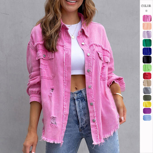 Vintage Ripped Denim Jacket for Women - Spring/Fall Casual Wear