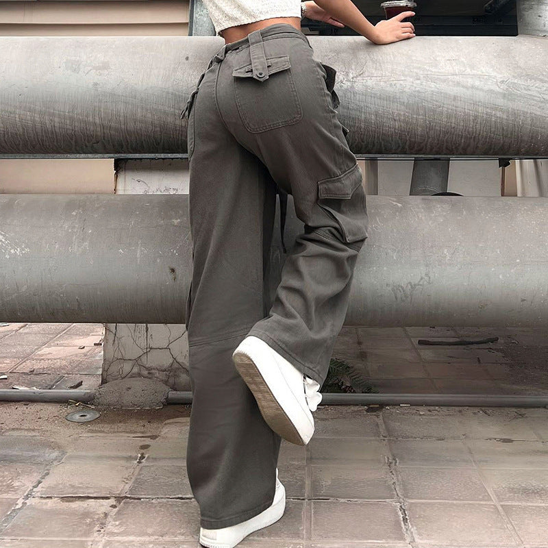 Women's Belted Cargo Jeans - Vintage Multi-Pocket Pants