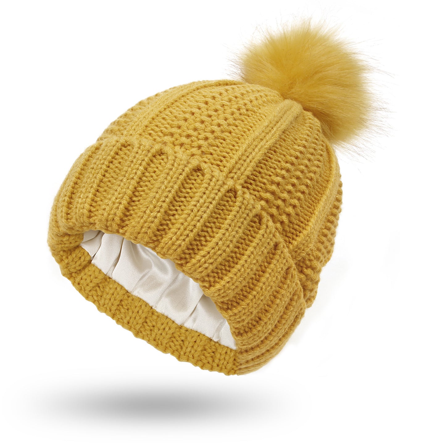 Women's Skull Knit Beanie - Satin Lined Pom Pom Winter Hat