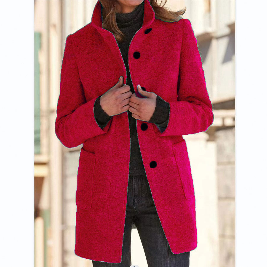Classic Wool Blend Coat for Women - Stand Collar Fall Winter Jacket