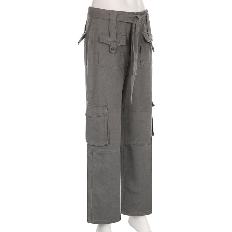 Women's Belted Cargo Jeans - Vintage Multi-Pocket Pants