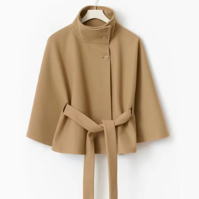High Neck Batwing Sleeve Coat - Women's Belted Trench Coat