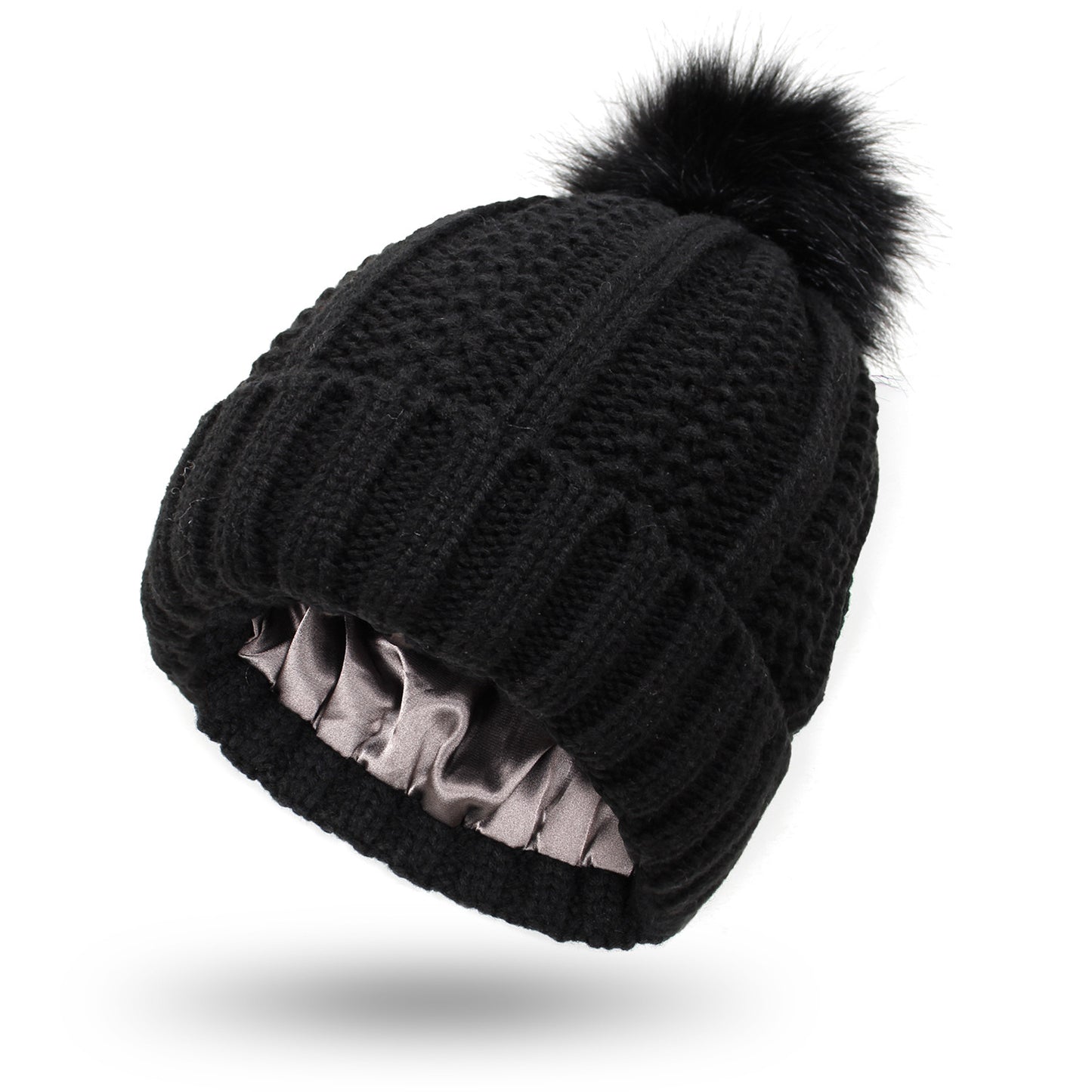 Women's Skull Knit Beanie - Satin Lined Pom Pom Winter Hat