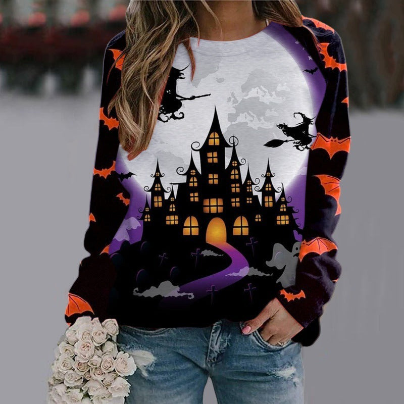 Women's Halloween Cartoon Sweatshirt - Cute Cat & Pumpkin Pullover Top