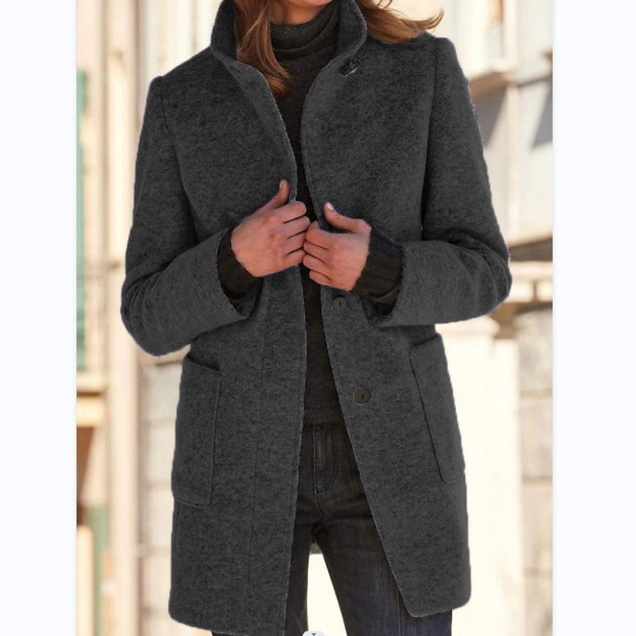 Classic Wool Blend Coat for Women - Stand Collar Fall Winter Jacket