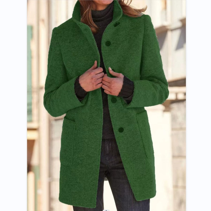 Classic Wool Blend Coat for Women - Stand Collar Fall Winter Jacket