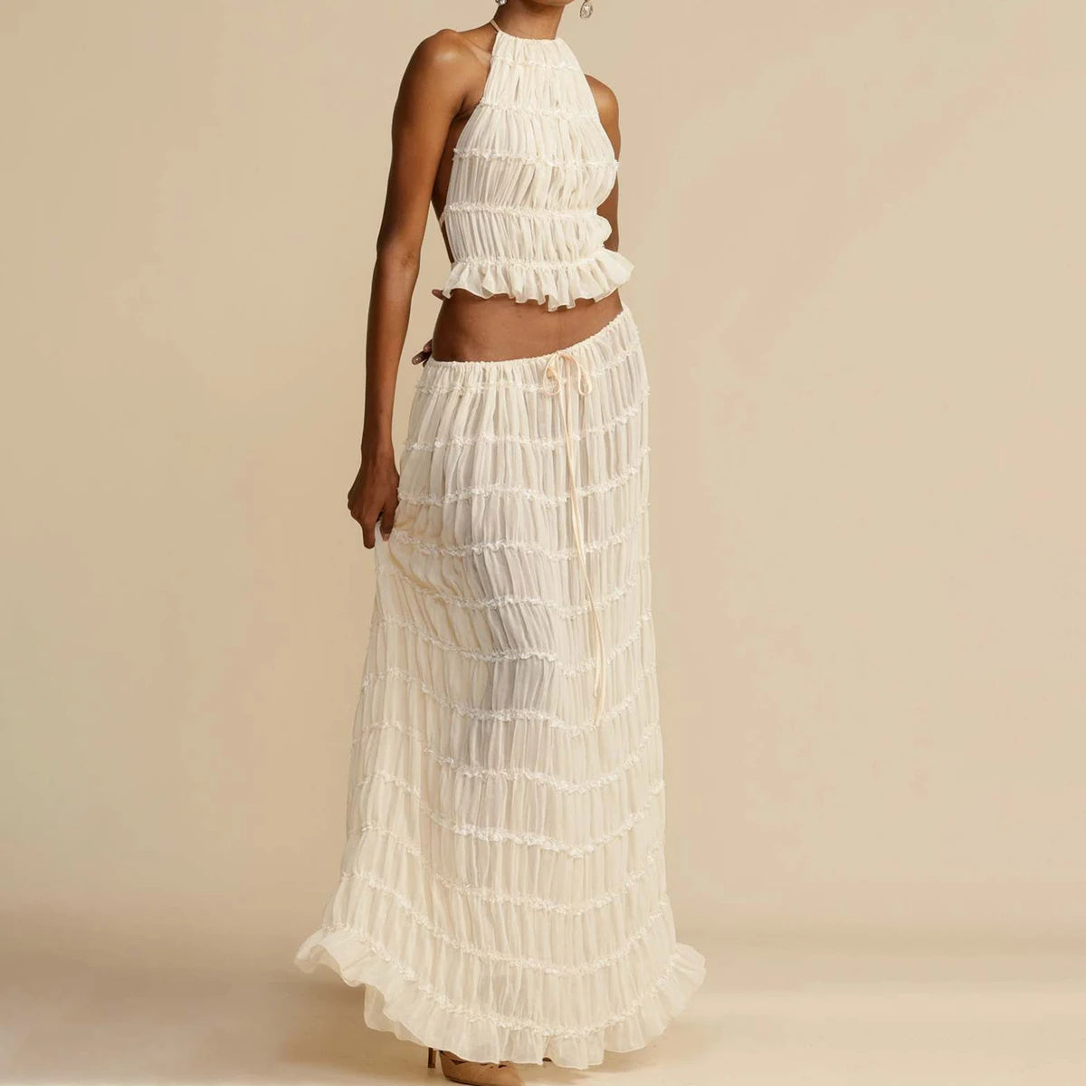 Women's 2 Piece Beach Set - Halter Crop Top & Pleated Maxi Skirt