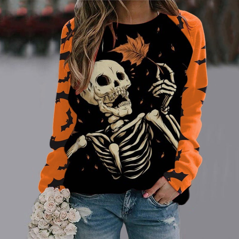 Women's Halloween Cartoon Sweatshirt - Cute Cat & Pumpkin Pullover Top