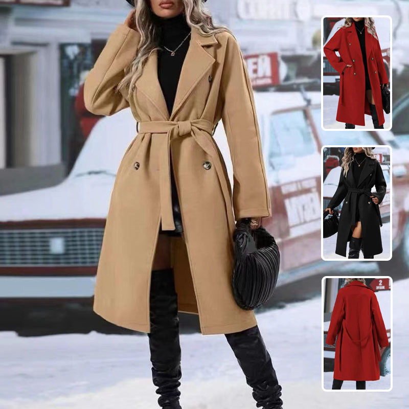 Belted Double-Breasted Trench Coat – Women’s Classic Winter Overcoat