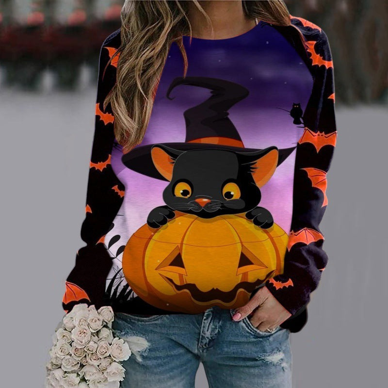 Women's Halloween Cartoon Sweatshirt - Cute Cat & Pumpkin Pullover Top