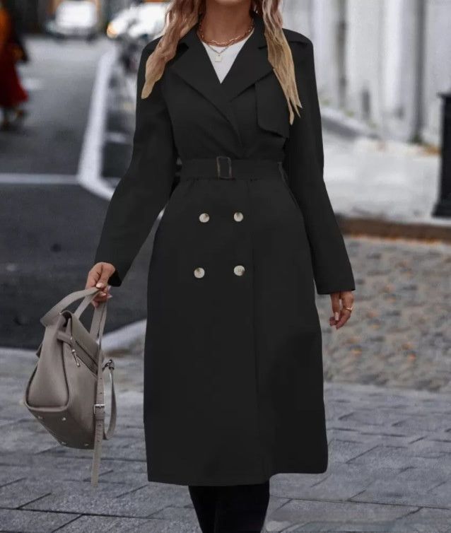 Belted Double-Breasted Trench Coat – Women’s Classic Winter Overcoat
