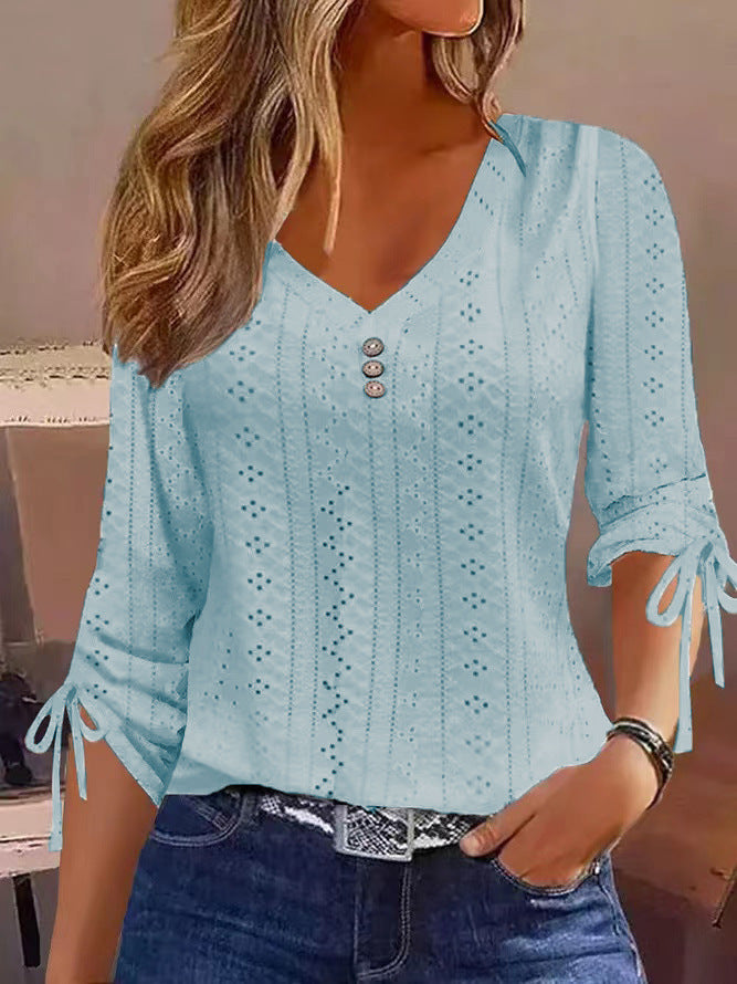 Jacquard Button-Up Blouse - Women's Long Sleeve V-Neck Top
