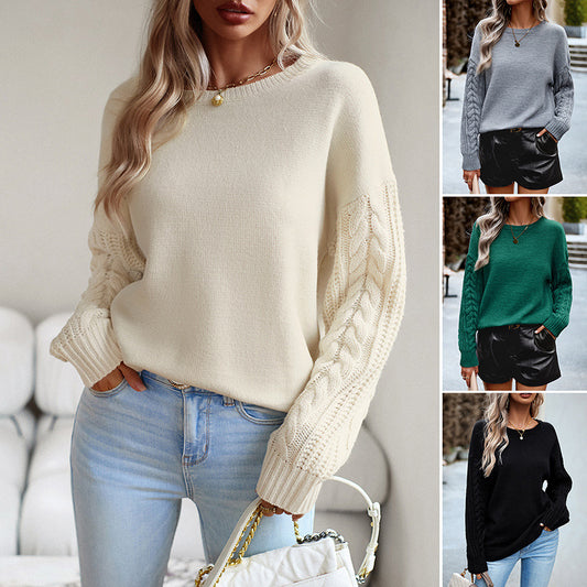 Cable Knit Sleeve Sweater - Women's Round Neck Pullover