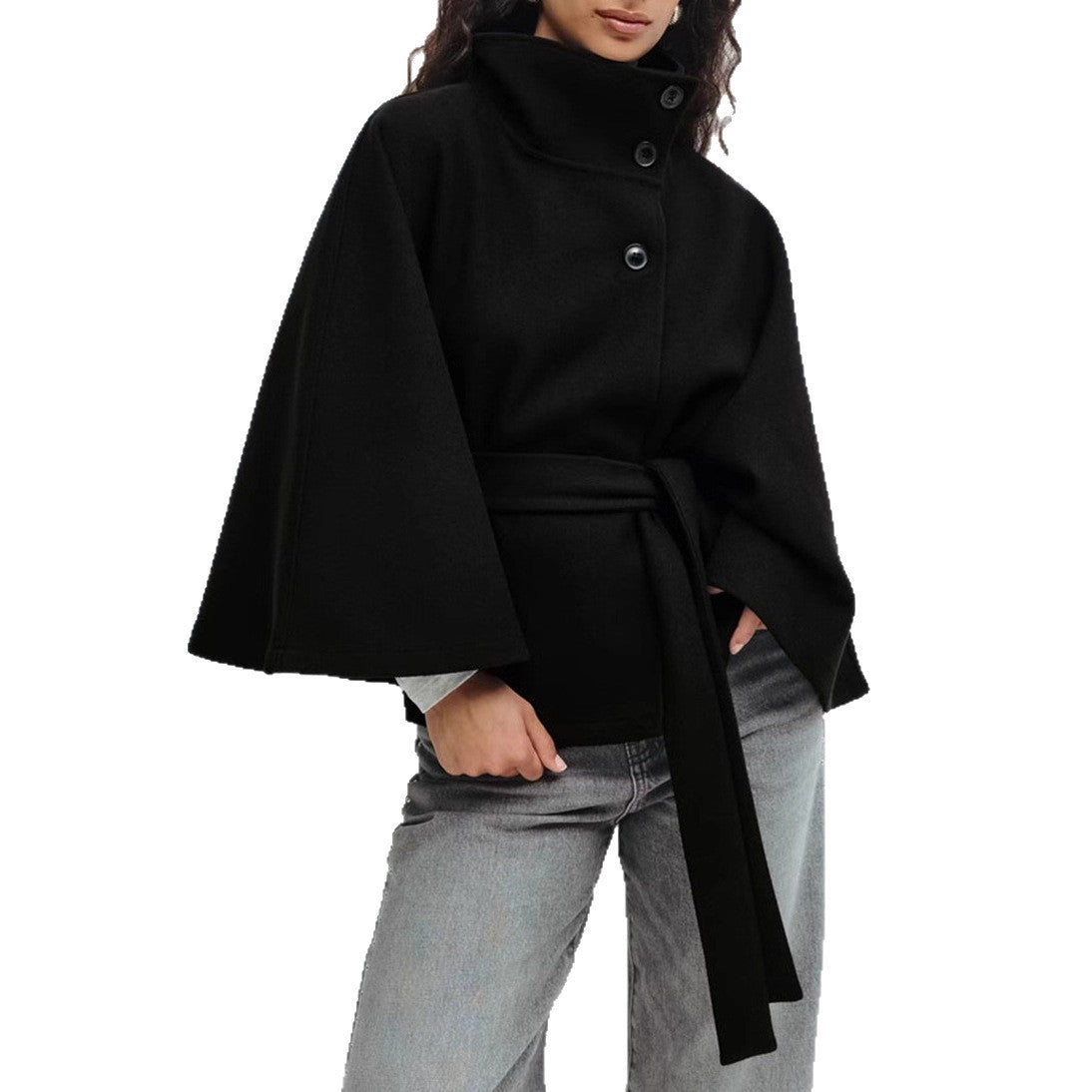 High Neck Batwing Sleeve Coat - Women's Belted Trench Coat