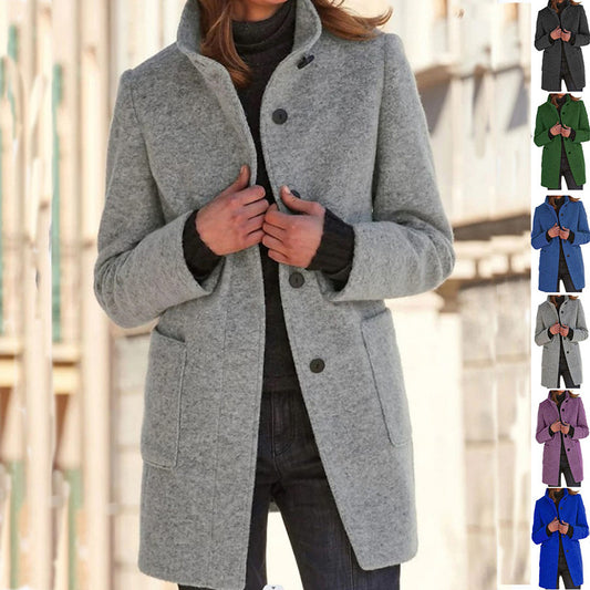 Classic Wool Blend Coat for Women - Stand Collar Fall Winter Jacket