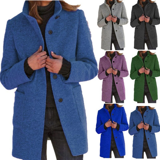 Classic Wool Blend Coat for Women - Stand Collar Fall Winter Jacket