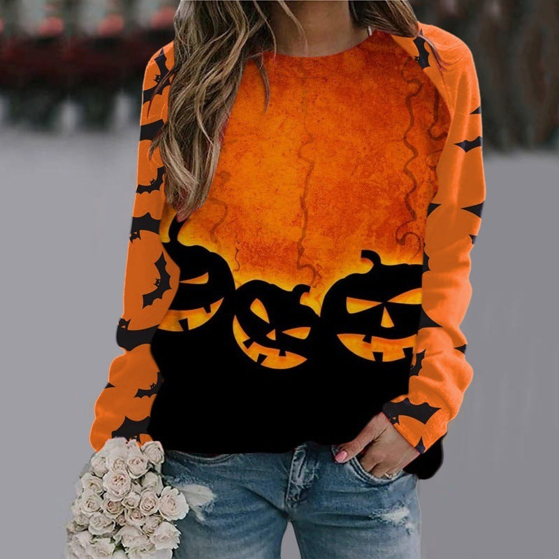 Women's Halloween Cartoon Sweatshirt - Cute Cat & Pumpkin Pullover Top