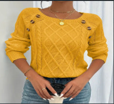 Women's Cable Knit Sweater - Square Neck Button Detail Long Sleeve Top